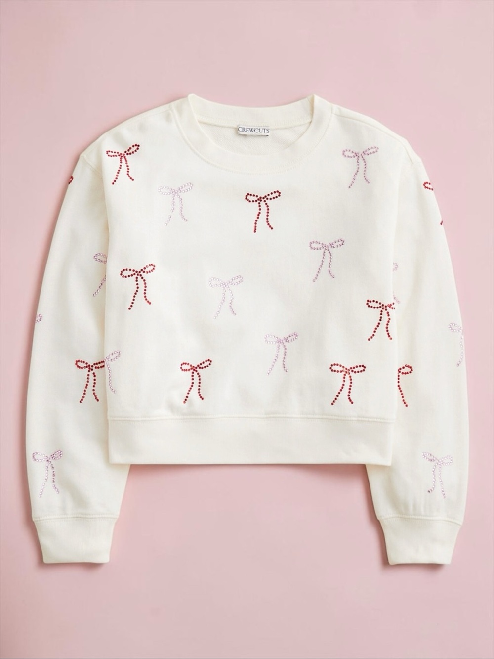 CREWCUTS Girls' hotfix bow embellished crewneck terry sweatshirt Sz Large 10/11